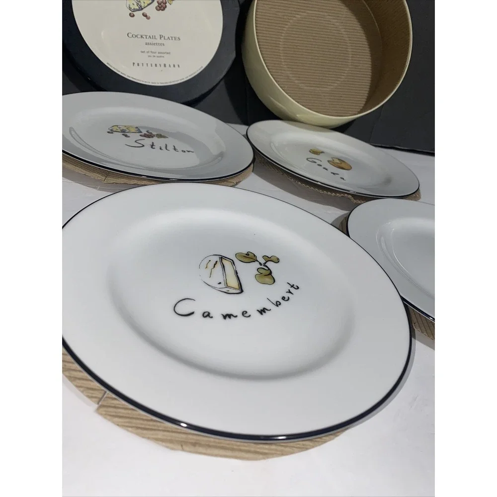 Set Of 4 Pottery Barn French CHEESE - COCKTAIL Appetizer PLATES‎ New In Box